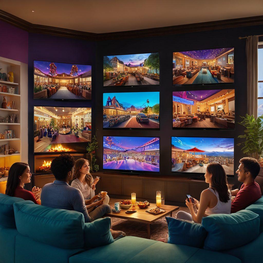 A vibrant and immersive scene featuring a diverse group of people enjoying a pay-per-view event on large screens in a cozy home environment. Include elements of joy and leisure like snacks, drinks, and a warm atmosphere. Depict various cultures engaging with the event, showcasing colorful decorations and personal touches. The background should hint at a virtual world of exclusive content with digital elements and streaming icons. vibrant colors. super-realistic.