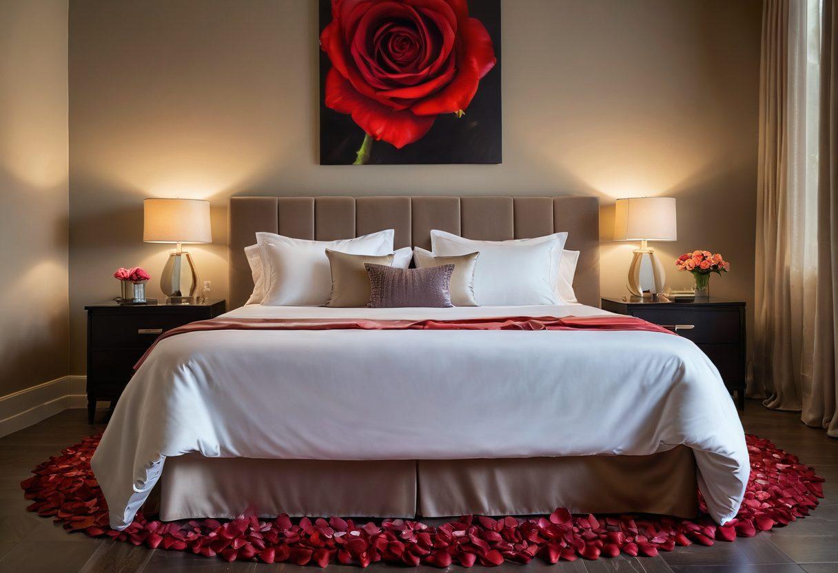 A luxurious, sensual setting featuring an elegantly designed bedroom with soft, dim lighting. Silky sheets draped across a stylish bed, accompanied by tasteful art pieces that evoke intimacy. Delicate rose petals scattered on the floor, with a hint of champagne and glasses on a nightstand, alluding to indulgence. The atmosphere feels inviting and romantic, perfect for an adult escape. super-realistic. vibrant colors. soft focus.