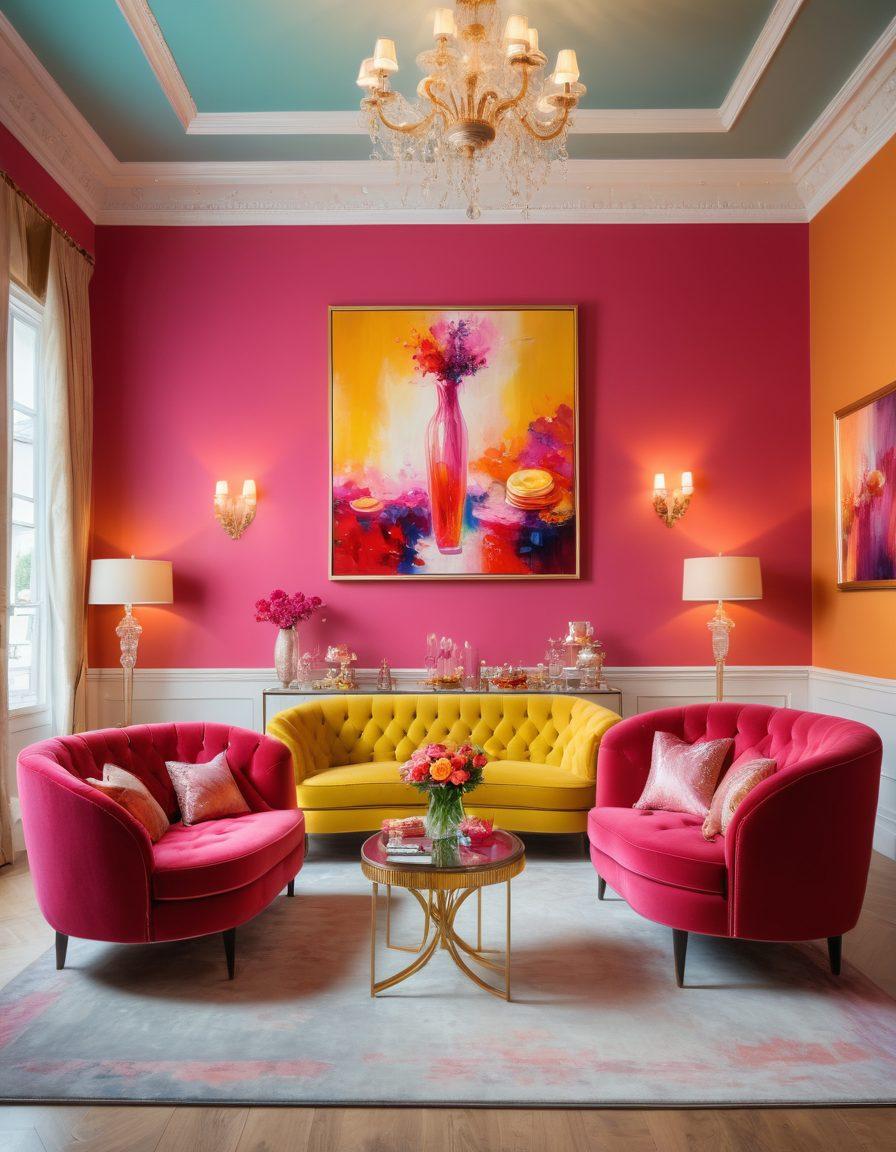 A vibrant and inviting scene depicting a luxurious lounge filled with elegant decor, featuring cheerful individuals engaging in lively conversation and laughter. Soft lighting enhances the atmosphere, complemented by tasteful artwork on the walls that suggests intimacy and connection. Include a subtle hint of glamour, like sparkling glasses and delectable sweets on a table, to symbolize joy and indulgence. modern art style. vibrant colors. soft background blur.
